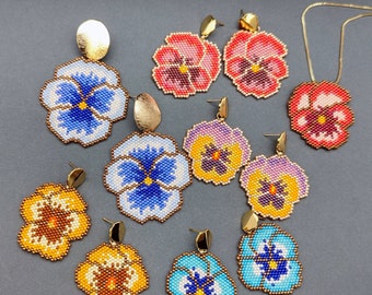 Pansy Beaded Patterns SET of 5 Pansies Earrings Seed Bead Necklace DIY Pendant Delica Brooch Hair Accessory Patterns for Beading Floral