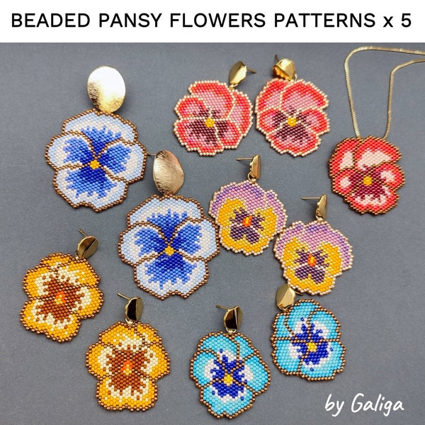 Pansy Beaded Patterns SET of 5 Pansies Earrings Seed Bead Necklace DIY Pendant Delica Brooch Hair Accessory Patterns for Beading Floral