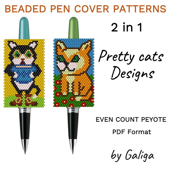 Charmant Kitties Pen Cover Patterns Beaded Pen Wrap Lovely Cat Lover Design Seed Bead Cute Kitten Beadwork DIY Digital pdf Beading Cats