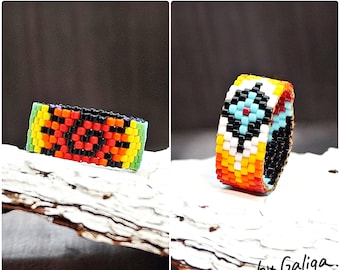 Seed bead ring pattern Tribal ethnic 2 in 1 peyote rings patterns beading for home made diy beaded rings Jewelry making beadvoven rings