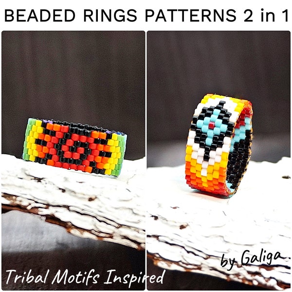 Seed bead ring pattern Tribal ethnic 2 in 1 peyote rings patterns beading for home made diy beaded rings Jewelry making beadvoven rings