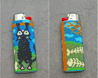 Cat Lighter Pattern Funny Cat Beaded Lighter Cover Design Beading Lighters Case Patterns Cat Lover DIY Seed Bead Animal Digital Schema