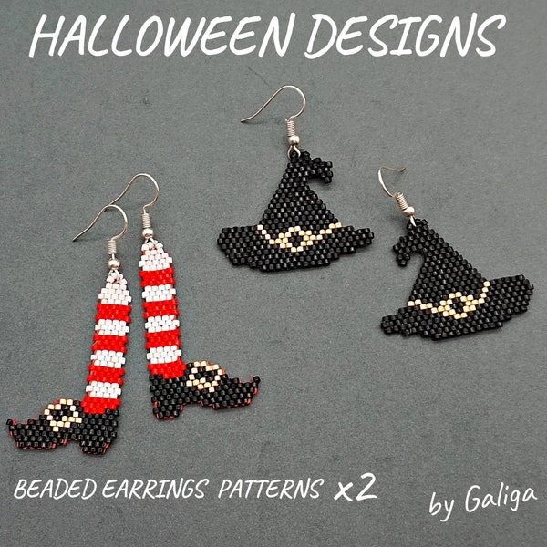 Witch Earrings Patterns Beaded Design Halloween DIY Accessorry Wizard Hat and Legs Seed Bead Schema Beading Chart for Delica Beadwork