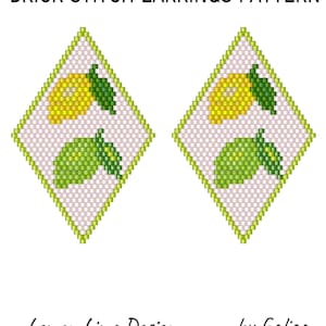 Op de afbeelding: Een digitaal patroon voor baksteek oorbellen. Het ontwerp toont twee ruitvormige oorbellen met een citroen- en limoenmotief. De tekst "BRICK STITCH EARRINGS PATTERN" en "Lemon Lime Design by Galiga" worden weergegeven.