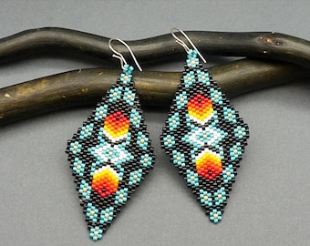 Earrings Pattern Beaded Crafts DIY Jewelry Ethnic Seed Bead Delica Beading Creations Patterns Digital File Download Black Turquoise Beadwork