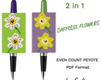 Daffodil Flowers Pen Cover Patterns Beaded Crafts Yellow Flower Seed Bead Pen Wrap Pattern DIY Beading Spring Nature Designs Floral Beadwork