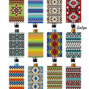 May include: Twelve beaded pen wrap patterns are displayed, each with a distinct design and colour scheme. The image includes the text "BEADED PEN WRAP PATTERNS" and "12 DESIGNS BUNDLE". The patterns showcase geometric and floral motifs.