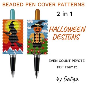 Halloween Designs Pen Cover Patterns for Beading Pen Wrap Witch Pumpkin Scarecrow DIY Holiday Decor Seed Bead Schema for Delica Beadwork image 2