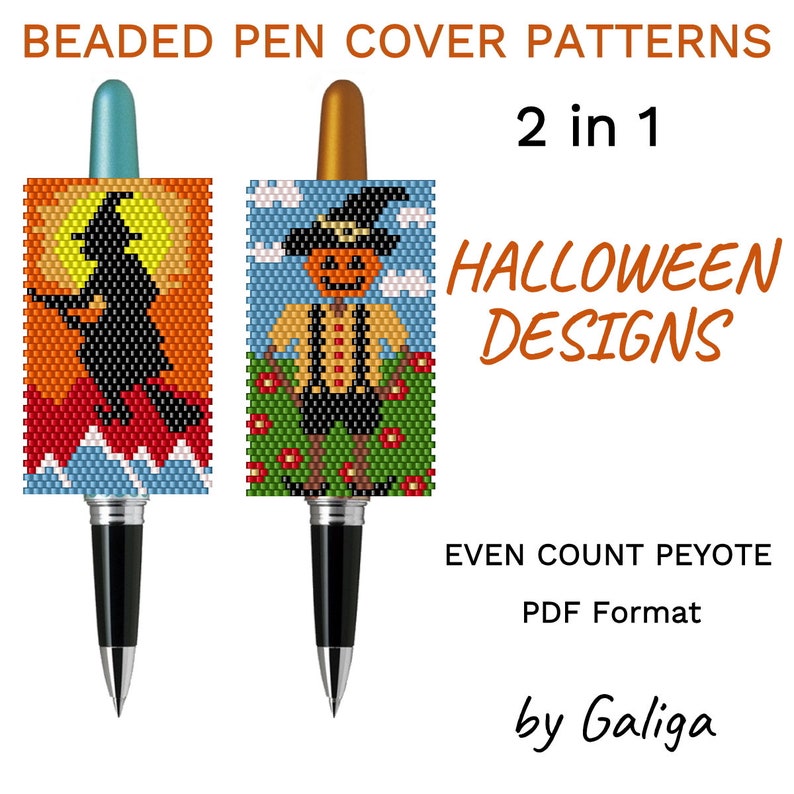 Halloween Designs Pen Cover Patterns for Beading Pen Wrap Witch Pumpkin Scarecrow DIY Holiday Decor Seed Bead Schema for Delica Beadwork image 2