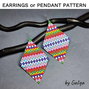 May include: A pair of colorful diamond-shaped earrings or pendants made with seed beads. The earrings are made with a variety of colors, including red, orange, yellow, green, blue, and pink. The earrings are strung on silver wires. The earrings are on a black branch.