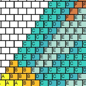 May include: A colorful mosaic pattern with a gradient of blue, green, yellow, and orange. The pattern is made up of small squares arranged in a diagonal pattern.