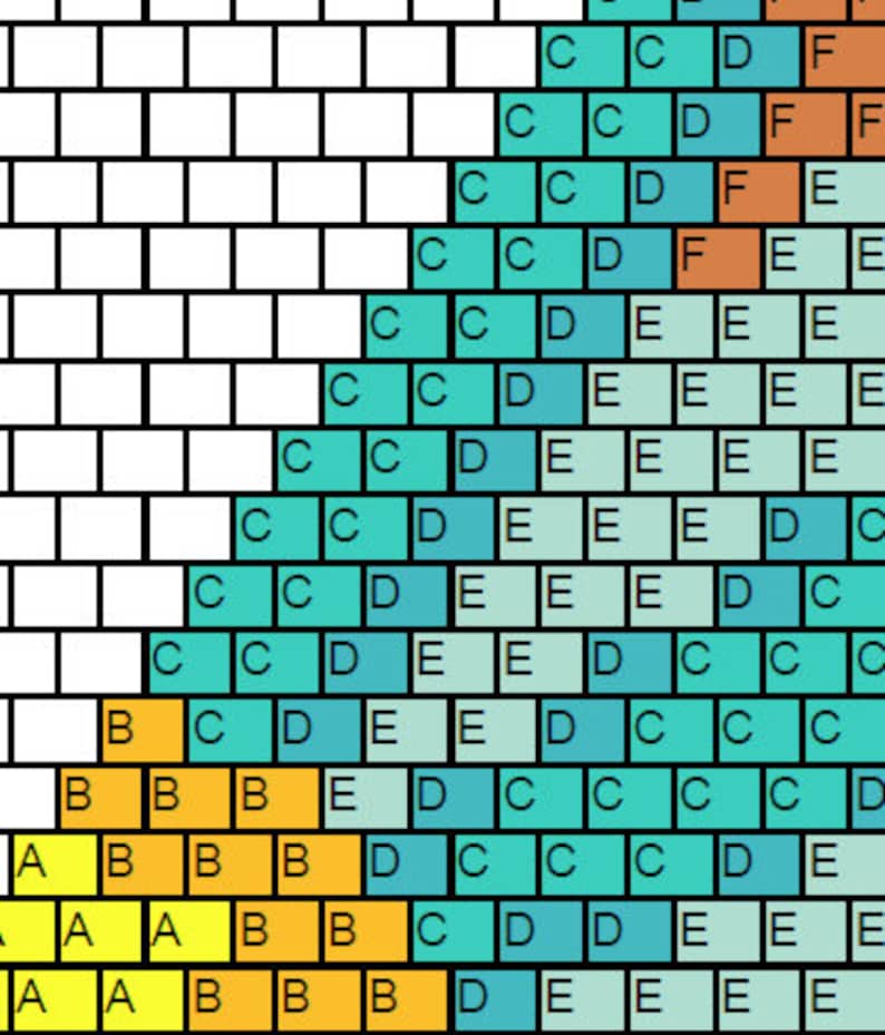 May include: A colorful mosaic pattern with a gradient of blue, green, yellow, and orange. The pattern is made up of small squares arranged in a diagonal pattern.