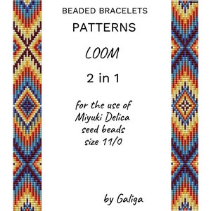 May include: A beaded bracelet pattern for loom weaving. The pattern features a geometric design with red, yellow, blue, and black beads. The pattern is for use with Miyuki Delica seed beads size 11/0. The pattern is called "2 in 1" and is by Galiga.