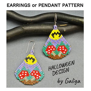 Patrón de pendientes de Halloween, diseño de punto de ladrillo con cuentas, esquema de colgante, gráfico de cuentas de semillas, cama de hongo murciélago, fabricación de joyas, abalorios en PDF