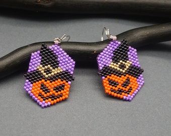 Spooky Halloween Pumpkin in Hat Beaded Earrings & Pendant Pattern, Delica Seed Bead DIY Design Beading Brick Stitch Autumn Holiday Crafts