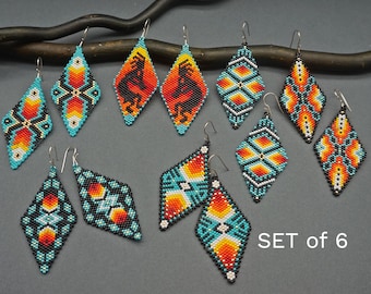 Beaded earrings patterns SET Ethnic seed bead earrings tribal native style ornaments Brick stitch Beading Pattern DIY Jewelry Making Digital