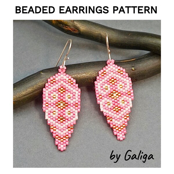 Pink Leaf Bead Earrings Pattern Glamour Design Beaded Earrings Schema Leaves Beading Patterns DIY Jewelry Brick Stitch Do It Yourself