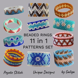 Peyote Rings Patterns For Beading Set of 11 Pattern Colorful Beaded Ring Beadwork Ring Jewelry pattern PDF Seed bead ring Digital Download image 2