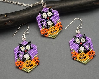 Funny Halloween Cat and Pumpkin Beaded Earrings & Pendant Pattern, Delica Seed Bead DIY Design Beading Brick Stitch Autumn Holiday Crafts