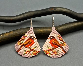 Orange Bird Beaded earrings pattern Seed bead Schema Birdwatcher DIY Jewelry brick stitch pdf Beadwork Birds Beading for Delica Beadwooving