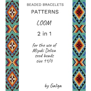 May include: A beaded bracelet pattern for loom beading using Miyuki Delica seed beads size 11/0. The pattern features a geometric design with orange, red, white, blue, and black beads on a turquoise background. The pattern is for a 2 in 1 bracelet, meaning it can be made in two different ways. The pattern is by Galiga.