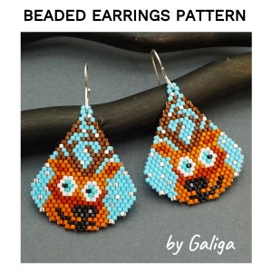 May include: Beaded earrings with a teardrop shape and a colorful owl design. The owl has orange, brown, blue, and white beads. The earrings are made by Galiga.