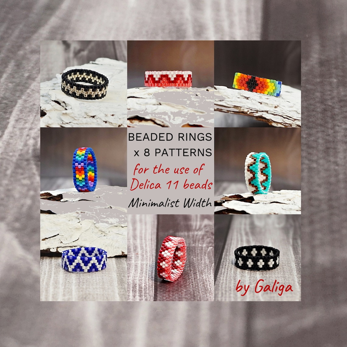 Minimalist Beaded Rings Patterns SET of 8 Odd Peyote Rings Beading Diy ...