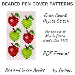 May include: A beaded pen cover pattern featuring red and green apples. The pattern is designed for even count peyote stitch using Miyuki Delica beads size 11/0. The pattern is available in PDF format.  Red and Green Apples by Galiga.