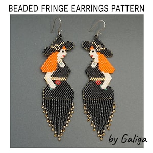 May include: Beaded fringe earrings featuring a witch design with a black dress, orange hair, and a black hat. The earrings are made with black and gold beads.