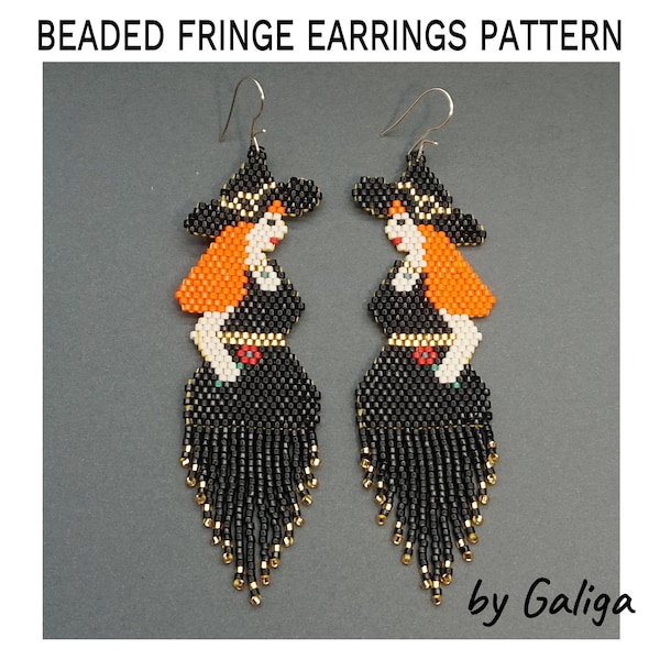 Halloween Fringe Earrings Pattern Beaded Witch in Hat Design Holiday Jewelry DIY Wizard Brick Stitch Seed Bead Patterns Beading Schema pdf