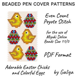 Può includere: Un modello digitale per la perlatura di un copripenna con adorabili pulcini di Pasqua e uova colorate. Il modello è progettato per il punto peyote a conteggio pari utilizzando perline Miyuki Delica taglia 11/0. Il modello è in formato PDF.