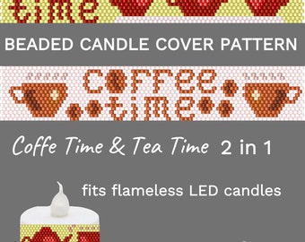 Coffee Time Beaded Candle Cover Patterns Tea Pot Seed Bead Tea Light Candle Holder Cup Coffe Mug Tealight Beading Pattern DIY