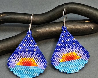 Ocean Sunset Beaded earrings pattern, Beading pattern, Seed bead Jewelry Making pattern Drop earrings brick stitch Beadwork Sunrise Sun