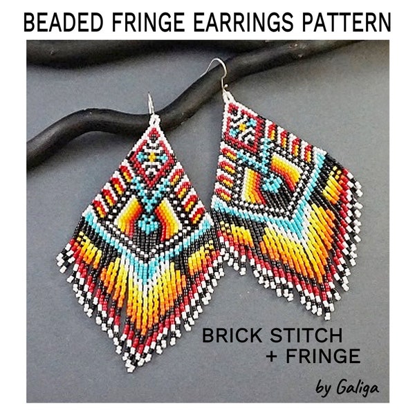 Beaded Fringe Earrings Pattern, Ethnic Beaded Earrings Pattern, Beading Pattern, Seed Bead Pattern Brick Stitch Beadwork Jewelry Pattern