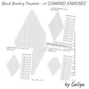 May include: A white beading template for diamond earrings, featuring brick stitch patterns and bead/color charts. The template includes measurements in inches for columns and rows, with text that reads "Blank Beading Template - x4 DIAMOND EARRINGS".