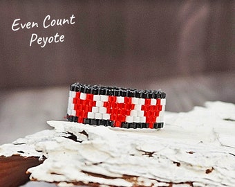 Red Hearts peyote ring pattern for beading Valentines Day ideas diy beaded ring patterns digital seed bead patterns jewelry making beadwork