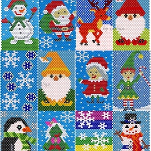 May include: Twelve Christmas pen cover patterns are displayed, each showcasing a festive character such as a snowman, Santa Claus, and reindeer. The designs are set against a blue backdrop with snowflakes. The text "12 x CHRISTMAS Pen Cover Patterns" is at the top.