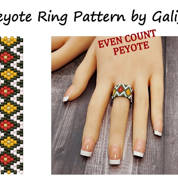 Peyote ring pattern Jewelry making Yellow green ring tutorial pdf beading pattern Beaded ring pattern Seed beads pattern Digital pattern