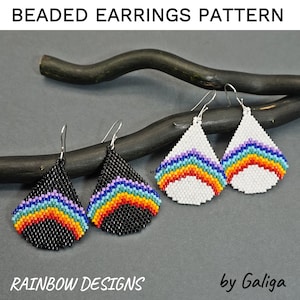 May include: A pair of beaded earrings with a rainbow design. The earrings are teardrop shaped and are available in black and white.