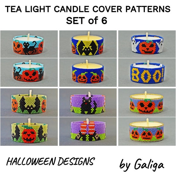 HALLOWEEN Patrón de soporte de luz de té Conjunto de 6 PUMPKIN Abalorios Patrones de peyote Portavelas con cuentas Murciélago Gato Bruja Piernas Abalorios Fantasma espeluznante