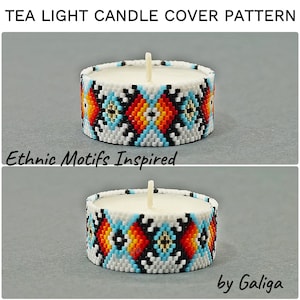 Peut inclure: Deux caches de bougies chauffe-plat avec un motif de perles inspiré de motifs ethniques. Les caches sont blanches avec des perles noires, rouges, orange, jaunes, bleues et dorées. Le texte "Ethnic Motifs Inspired" et "by Galiga" est visible sur l'image.