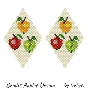 May include: A pattern for brick stitch earrings featuring diamond-shaped designs. Each earring showcases three pixelated apples in red, green, and yellow, with green leaves. The text reads "BRICK STITCH EARRINGS PATTERN" and "Bright Apples Design by Galiga."
