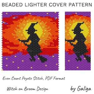 May include: A beaded lighter cover pattern with a witch on a broom design, set against a sunset. The pattern uses peyote stitch, with colours of red, orange, yellow, purple, and black. The text "BEADED LIGHTER COVER PATTERN" is at the top of the image.
