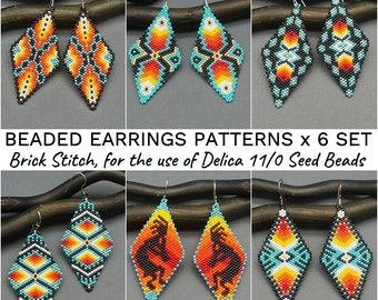 Beaded earrings patterns SET Ethnic seed bead earrings tribal native style ornaments Brick stitch Beading Pattern DIY Jewelry Making Digital