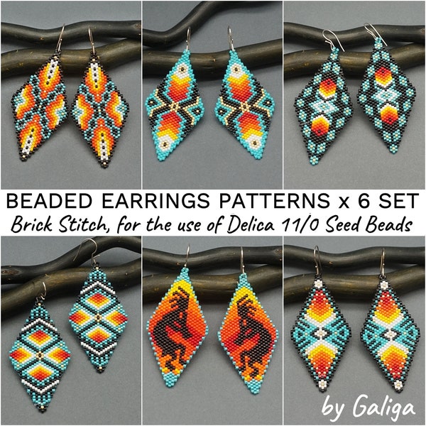 Beaded earrings patterns SET Ethnic seed bead earrings tribal native style ornaments Brick stitch Beading Pattern DIY Jewelry Making Digital