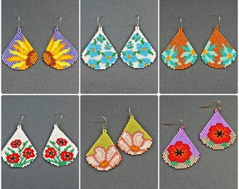 Drop Earrings Patterns Set Of 6 Flowers Brick Stitch Digital Seed Bead Jewelry Making DIY Beading Pattern Beadwork Beaded Earring Design