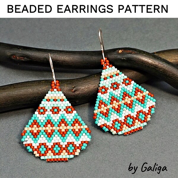 Patrón de pendientes de cuentas, cuentas de semillas, étnico, tribal, bohemio, patrón de joyería, pendientes colgantes, puntada de ladrillo geométrica, bricolaje, trabajo con cuentas, tejido de cuentas