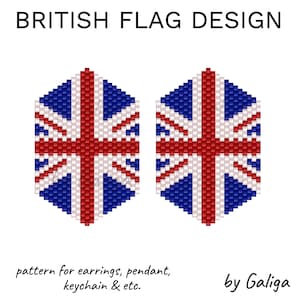 May include: A beading pattern for earrings, pendants, keychains, and other crafts featuring the Union Jack flag design. The pattern is in the shape of a hexagon and is made up of red, white, and blue beads.