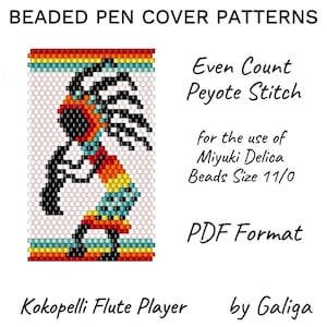 May include: A beaded pen cover pattern featuring a Kokopelli flute player in a colorful design. The pattern is for even count peyote stitch using Miyuki Delica beads size 11/0. The pattern is in PDF format.