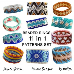 Peyote Rings Patterns For Beading Set of 11 Pattern Colorful Beaded Ring Beadwork Ring Jewelry pattern PDF Seed bead ring Digital Download image 3
